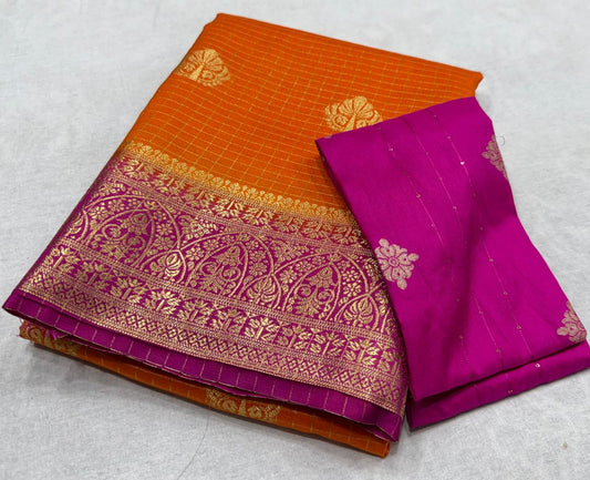 ✨ Premium Viscose Silk Saree – Checks with Butta Design & Contrast Border ✨