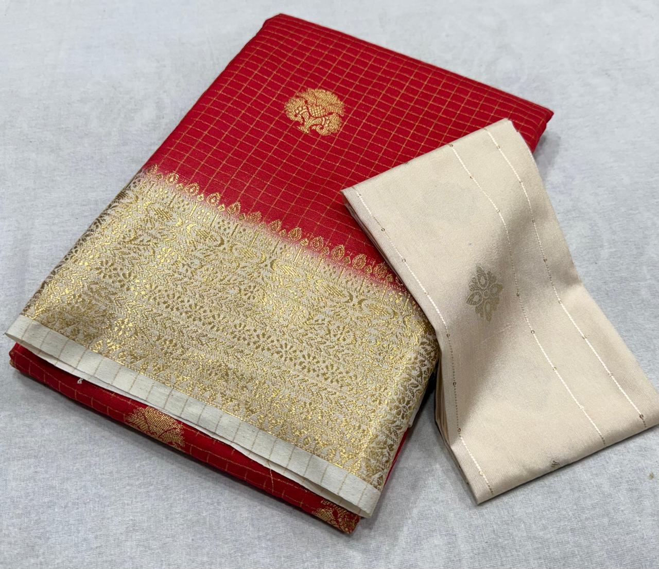 ✨ Premium Viscose Silk Saree – Checks with Butta Design & Contrast Border ✨