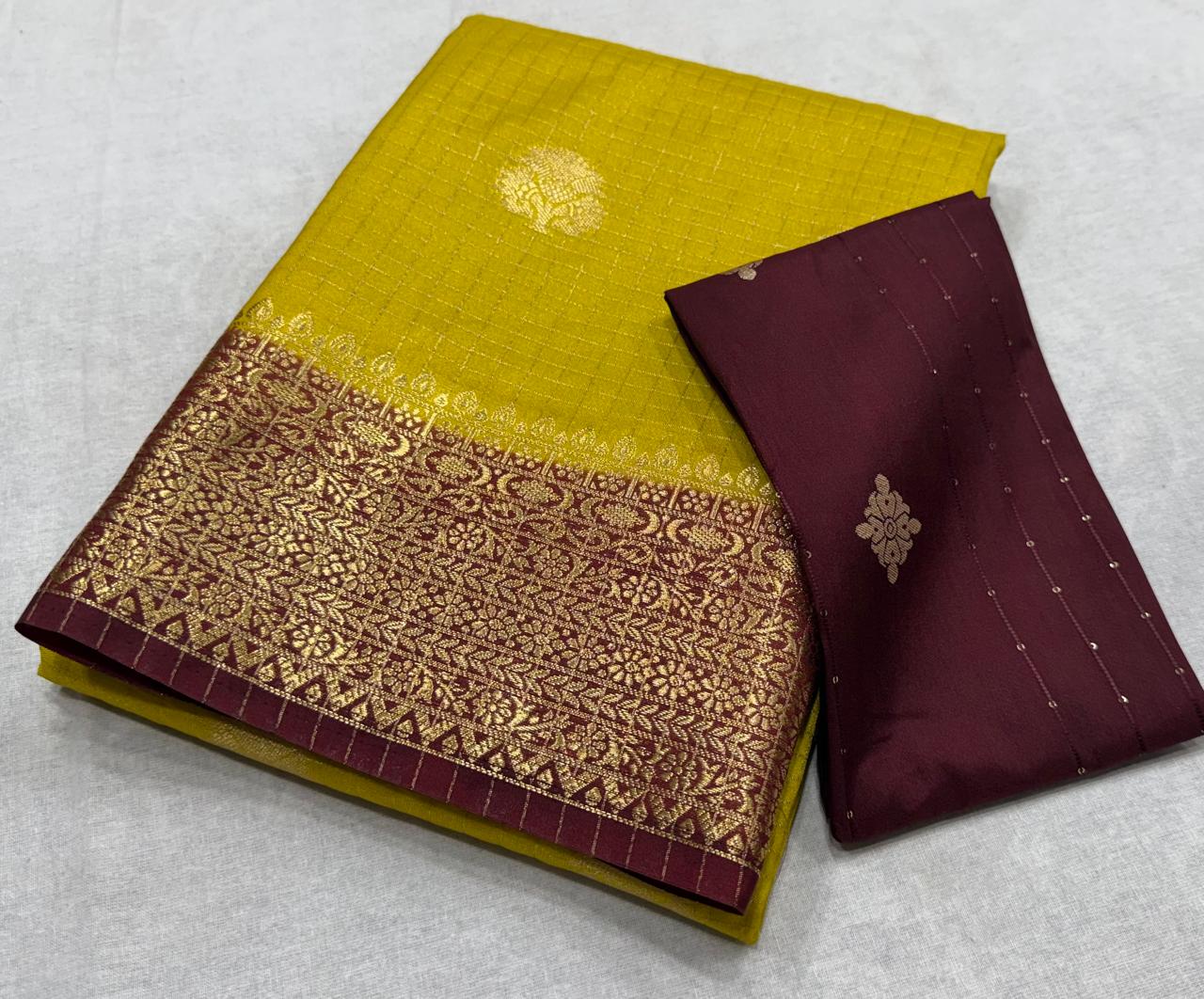 ✨ Premium Viscose Silk Saree – Checks with Butta Design & Contrast Border ✨