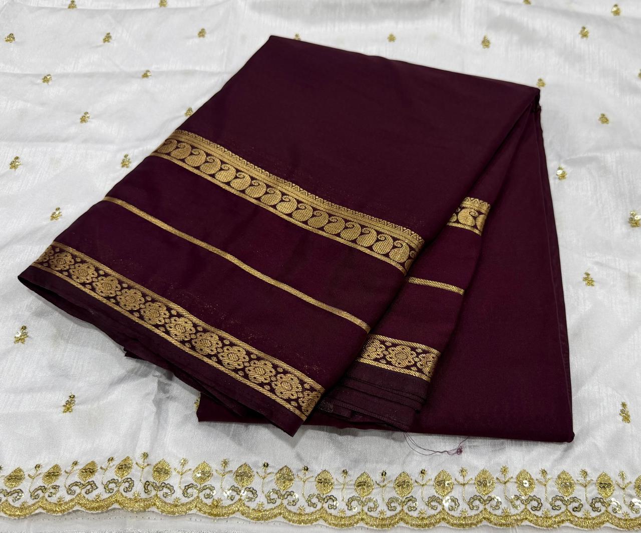 Premium Mysore Crepe Silk Saree with Bentex Border & Anmol Zari