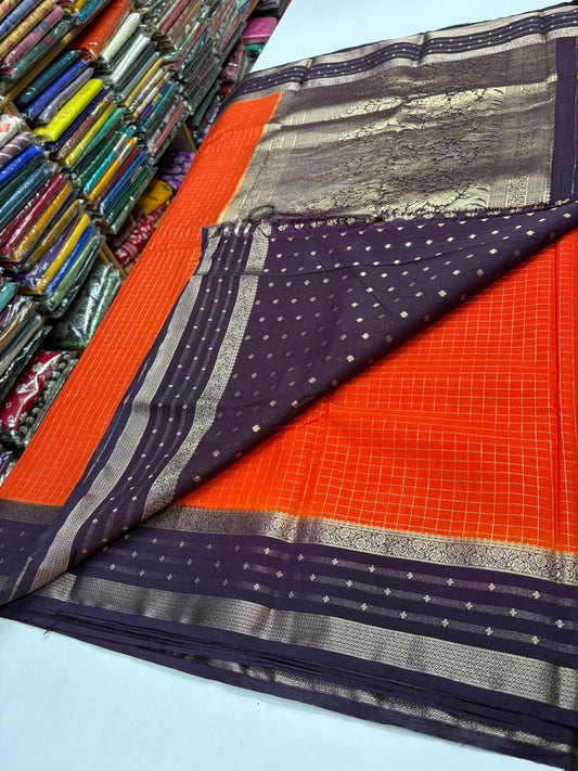 Premium Quality Semi Mysore Crepe Silk Saree – Checks Pattern with Rich Pallu
