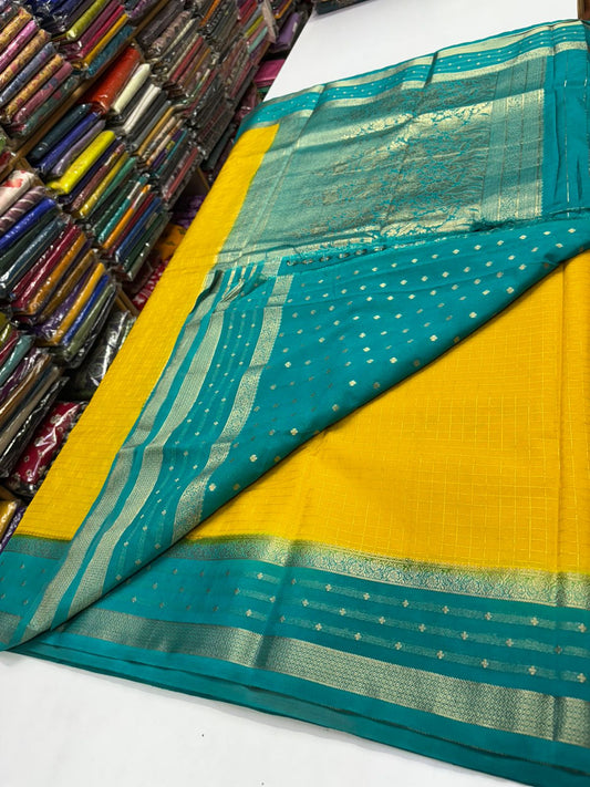 Premium Quality Semi Mysore Crepe Silk Saree – Checks Pattern with Rich Pallu