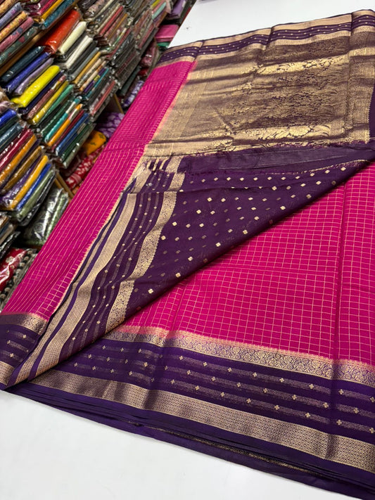 Premium Quality Semi Mysore Crepe Silk Saree – Checks Pattern with Rich Pallu
