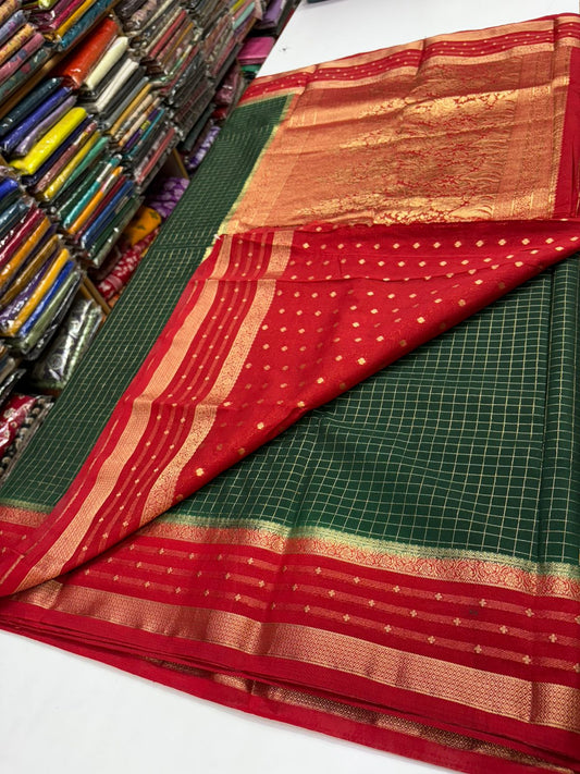 Premium Quality Semi Mysore Crepe Silk Saree – Checks Pattern with Rich Pallu