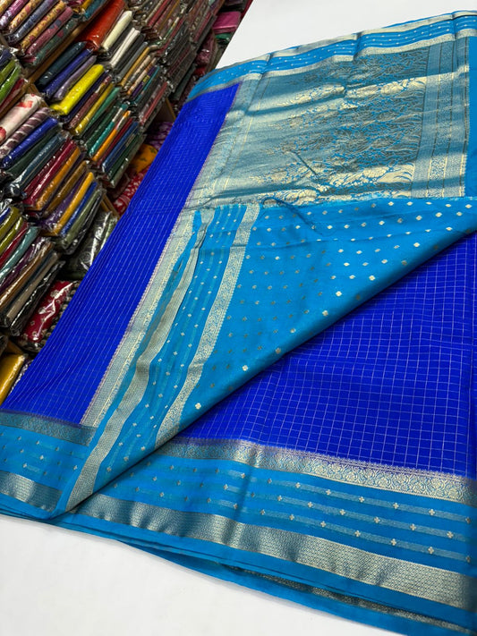 Premium Quality Semi Mysore Crepe Silk Saree – Checks Pattern with Rich Pallu