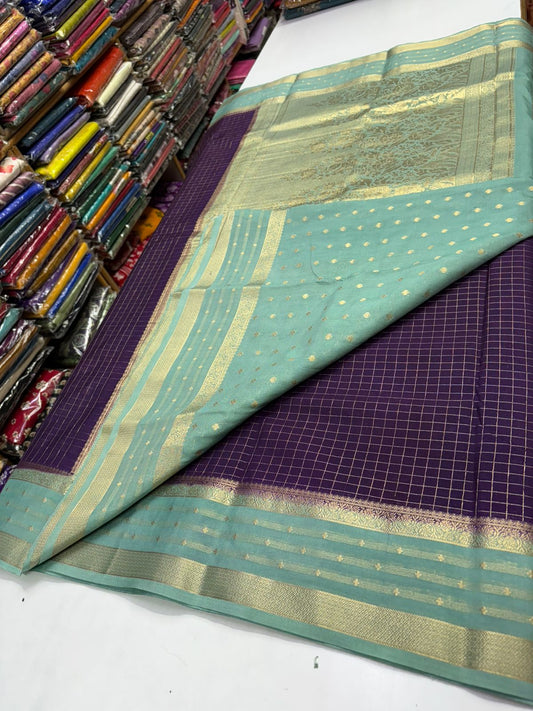 Premium Quality Semi Mysore Crepe Silk Saree – Checks Pattern with Rich Pallu