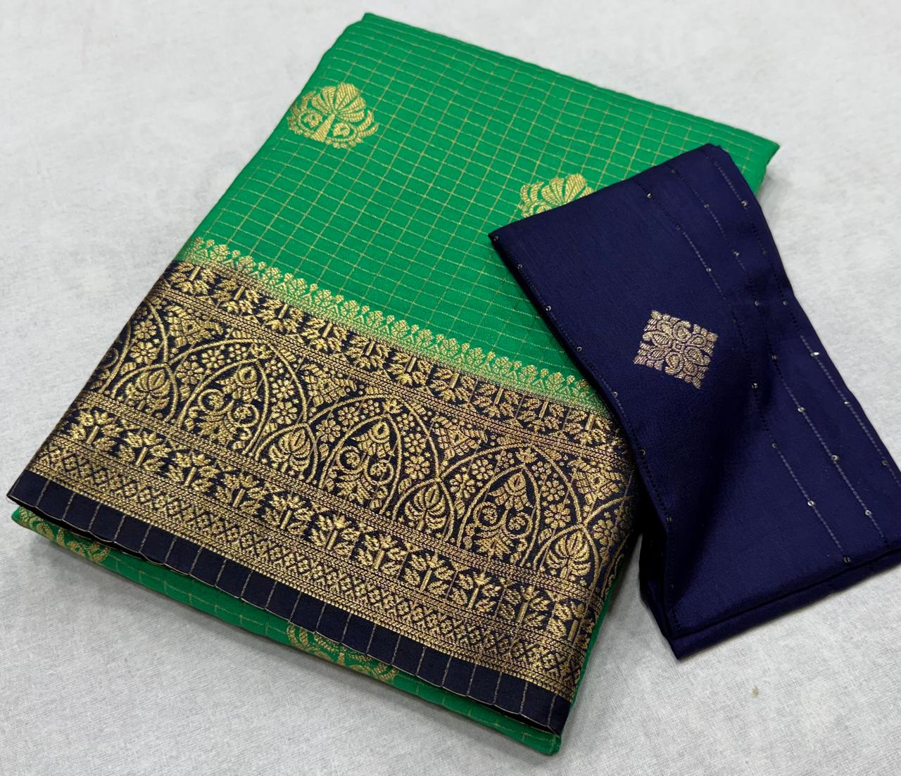 ✨ Premium Viscose Silk Saree – Checks with Butta Design & Contrast Border ✨