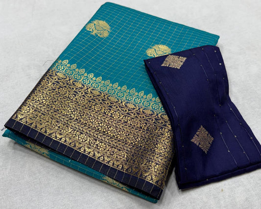 ✨ Premium Viscose Silk Saree – Checks with Butta Design & Contrast Border ✨