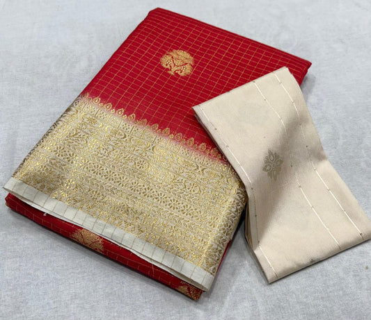 ✨ Premium Viscose Silk Saree – Checks with Butta Design & Contrast Border ✨