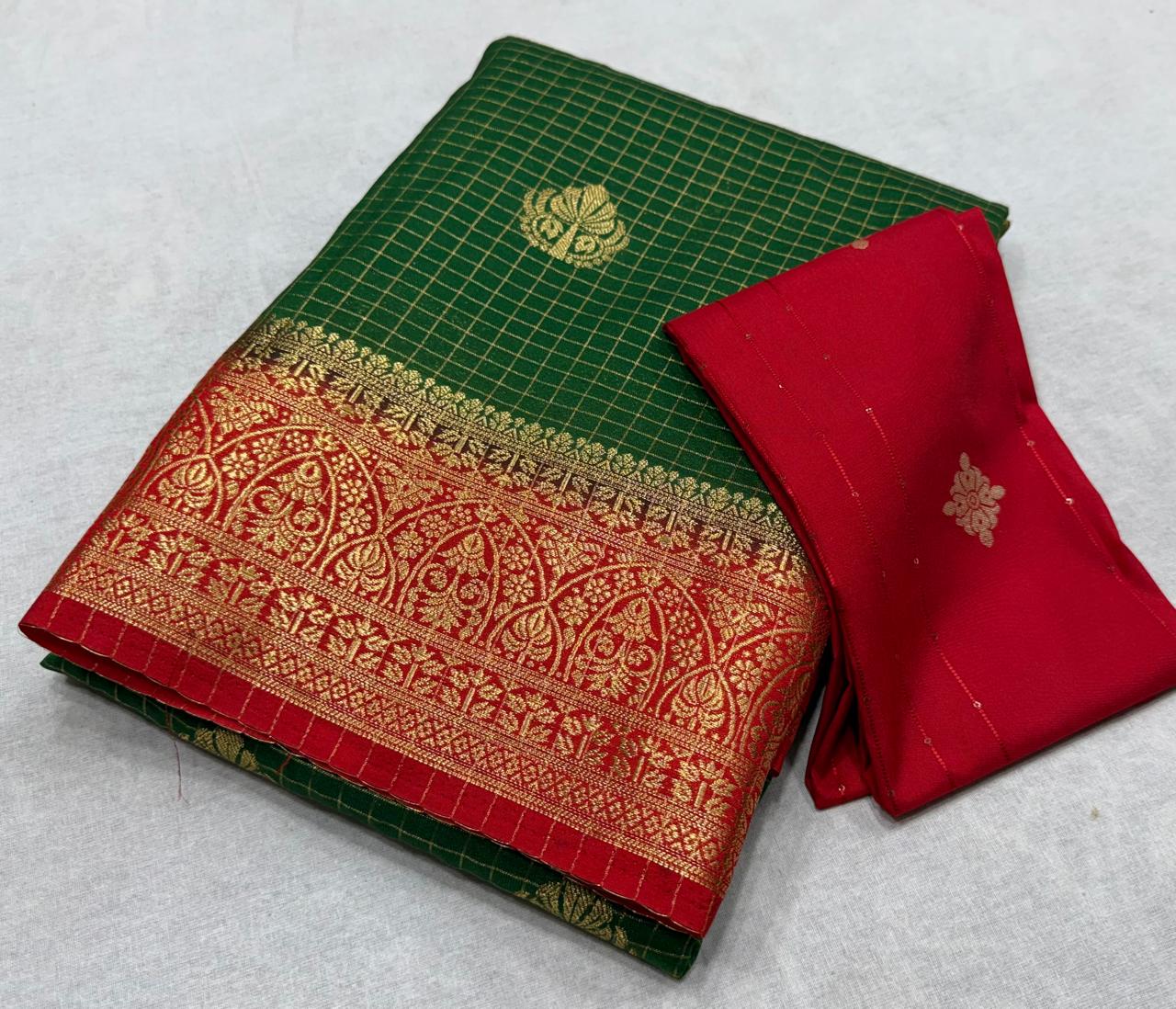 ✨ Premium Viscose Silk Saree – Checks with Butta Design & Contrast Border ✨