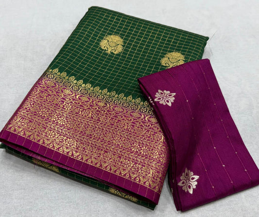 ✨ Premium Viscose Silk Saree – Checks with Butta Design & Contrast Border ✨