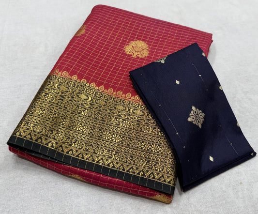 ✨ Premium Viscose Silk Saree – Checks with Butta Design & Contrast Border ✨
