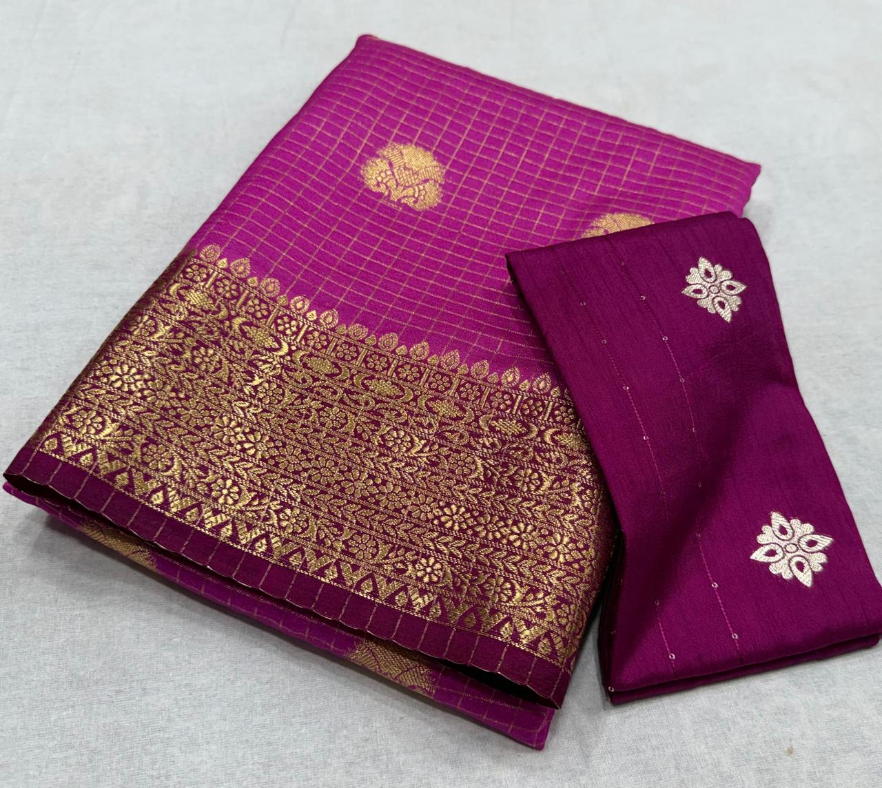 ✨ Premium Viscose Silk Saree – Checks with Butta Design & Contrast Border ✨