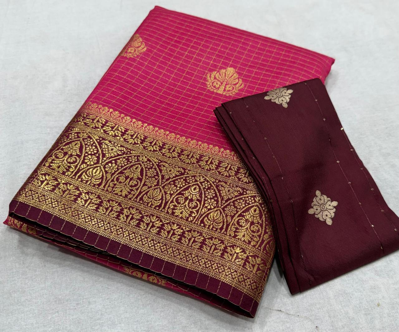✨ Premium Viscose Silk Saree – Checks with Butta Design & Contrast Border ✨