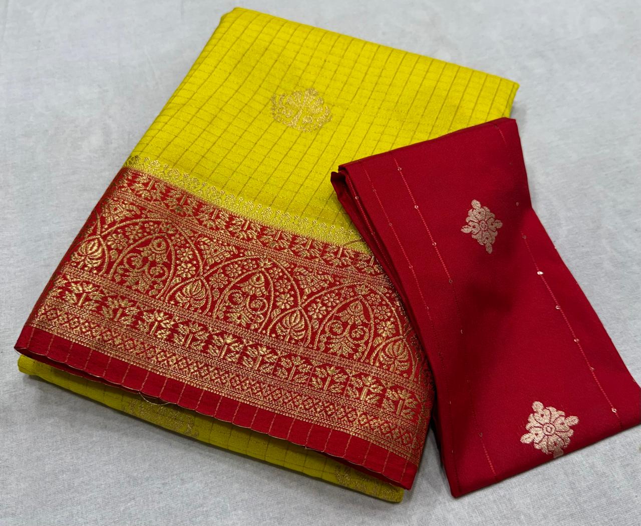 ✨ Premium Viscose Silk Saree – Checks with Butta Design & Contrast Border ✨