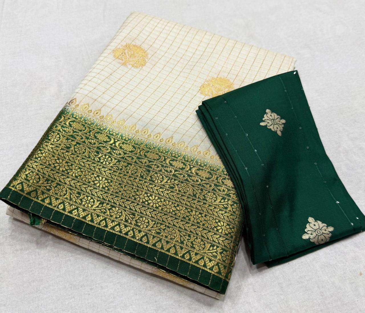✨ Premium Viscose Silk Saree – Checks with Butta Design & Contrast Border ✨