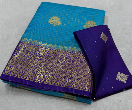 ✨ Premium Viscose Silk Saree – Checks with Butta Design & Contrast Border ✨