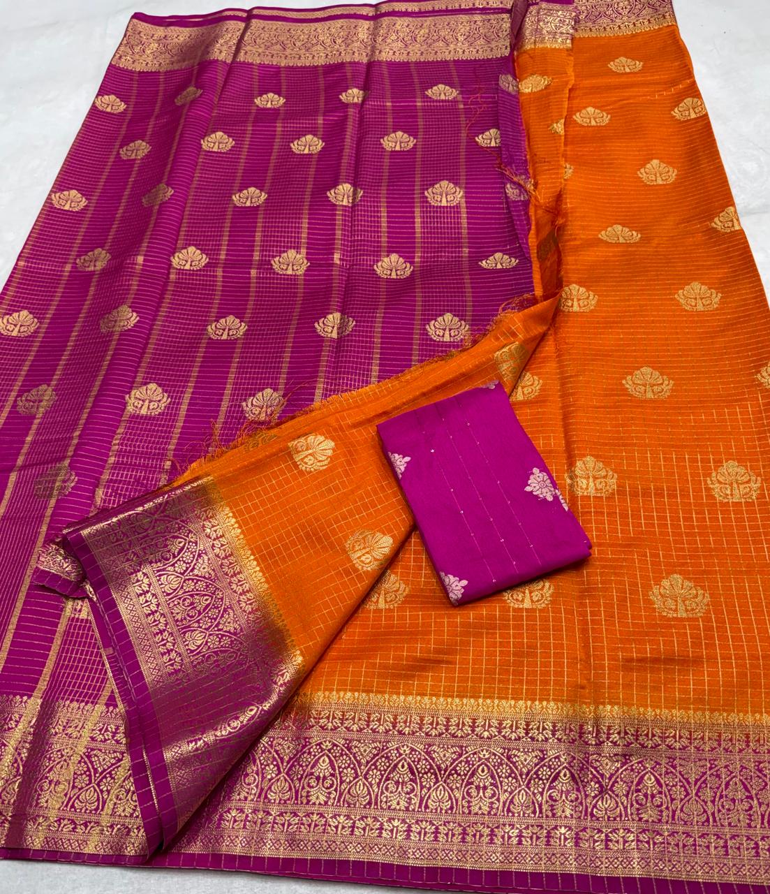 ✨ Premium Viscose Silk Saree – Checks with Butta Design & Contrast Border ✨